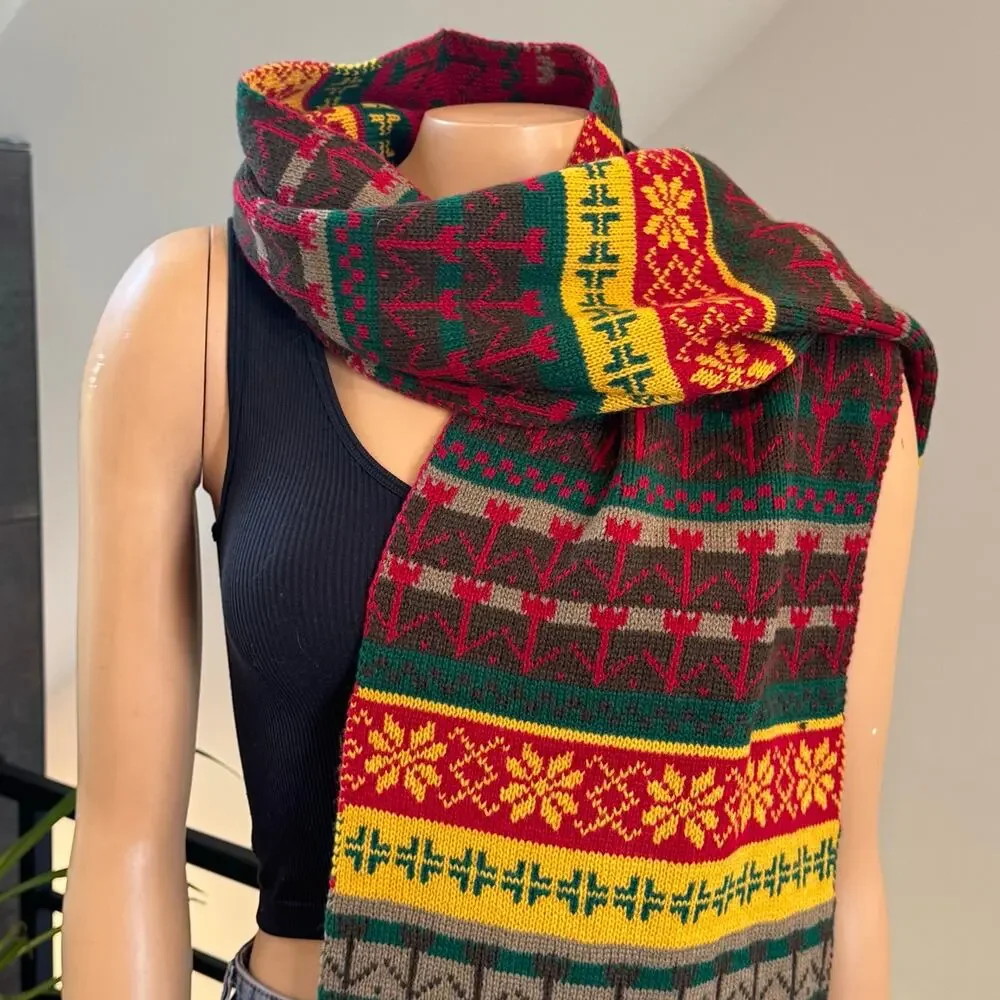 Vintage Fair Isle Knit Blanket Scarf Oversized Holiday Christmas Moose 76